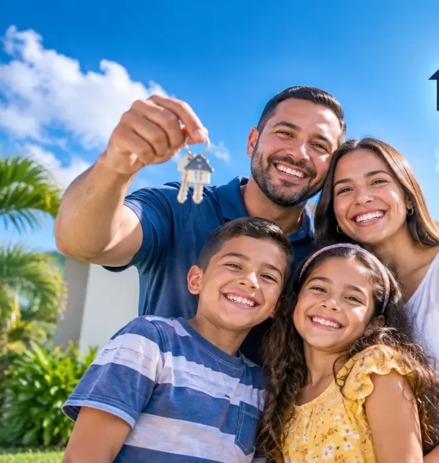 Familia con las llaves de su nuevo hogar
