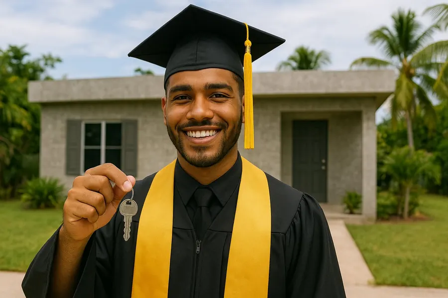 Joven graduado con la llave de su casa